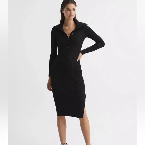 REISS MADDISON RIBBED KNITTED MIDI DRESS black button collar xl extra large NWOT - Picture 2 of 8